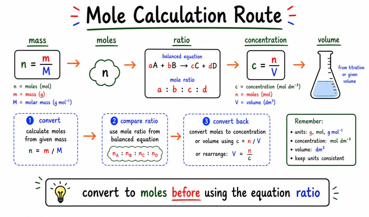 IB Chemistry Calculations: Mole Ratios, Concentration, and Titration Practice study diagram