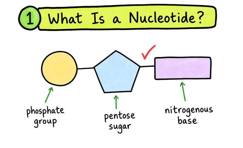IB Biology hand-drawn nucleotide structure with phosphate sugar and base