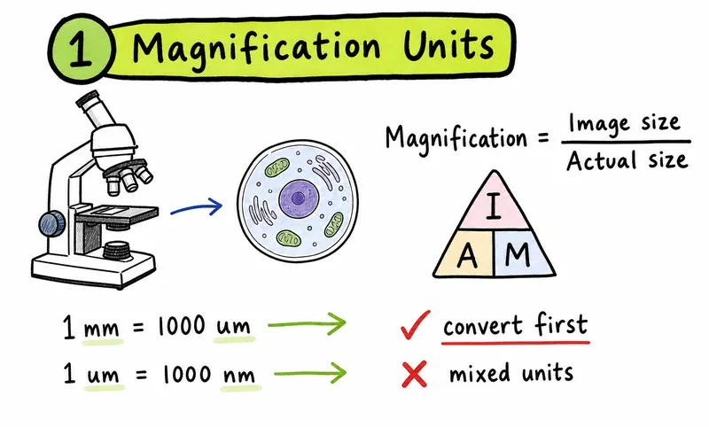 A-Level Biology hand-drawn magnification formula and unit conversion