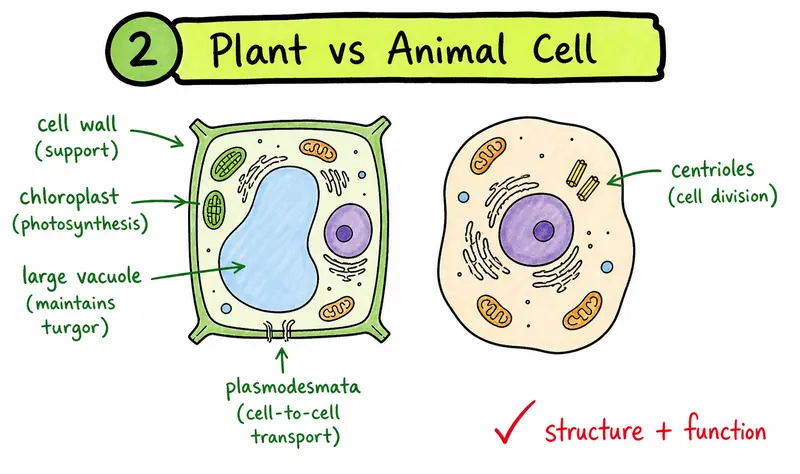A-Level Biology hand-drawn plant and animal cell structure comparison