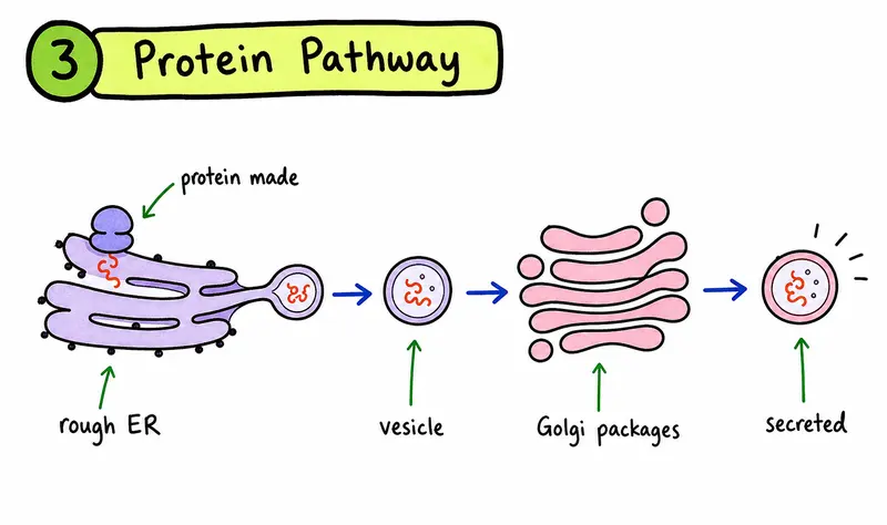A-Level Biology hand-drawn protein pathway from rough ER to Golgi