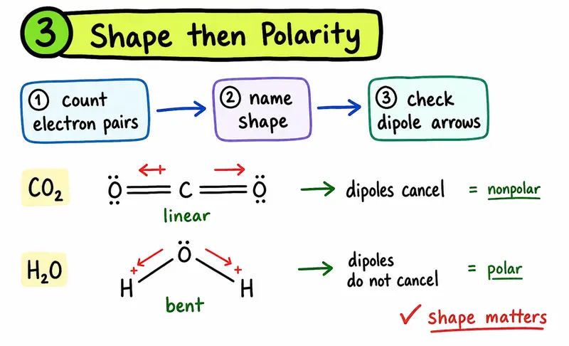A-Level Chemistry hand-drawn molecular shape and polarity comparison