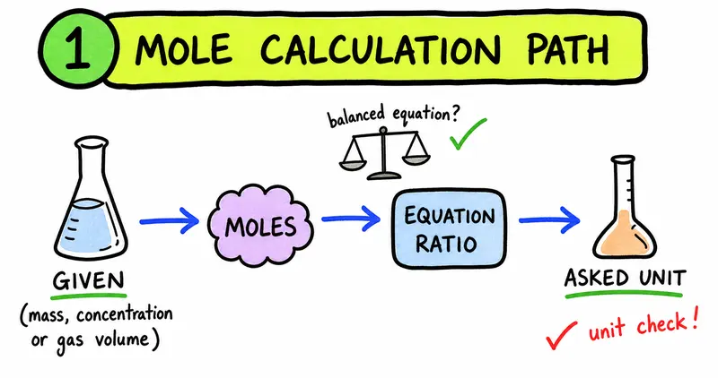 IB Chemistry hand-drawn mole calculation path from given quantity through equation ratio