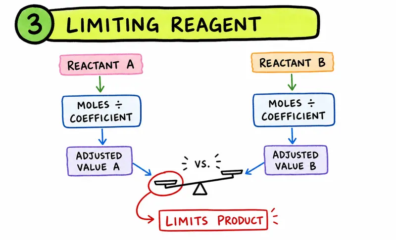 IB Chemistry hand-drawn limiting reagent adjusted mole comparison
