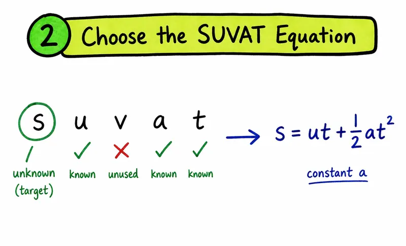 A-Level Physics hand-drawn SUVAT variable selection method for constant acceleration