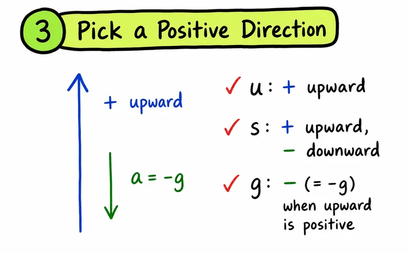 A-Level Physics hand-drawn vertical motion sign convention with upward positive and gravity negative
