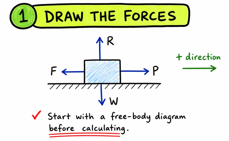 A-Level Physics free-body diagram with weight, reaction, pull, and friction