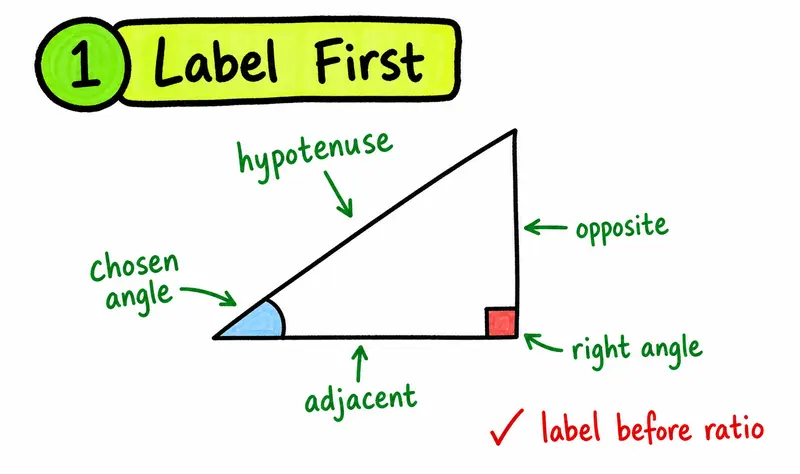 IGCSE Maths trigonometry labelling opposite adjacent and hypotenuse before choosing a ratio