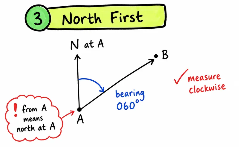 IGCSE Maths bearings measured clockwise from north at the starting point