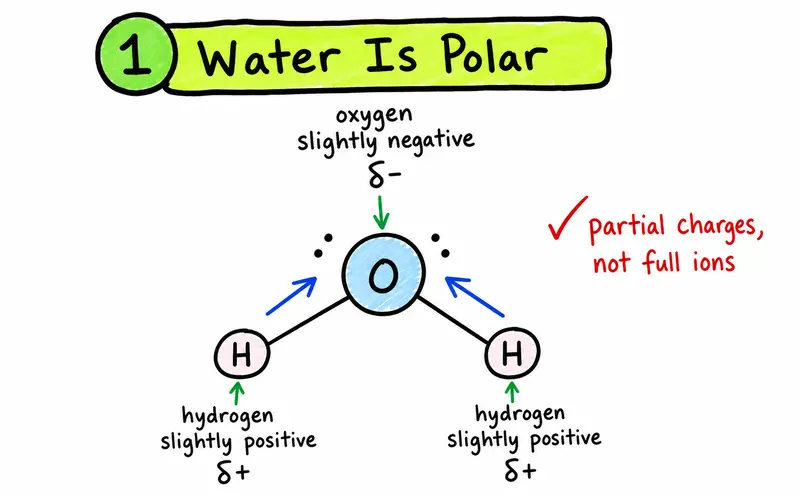 IB Biology water polarity with partial charges in a bent molecule