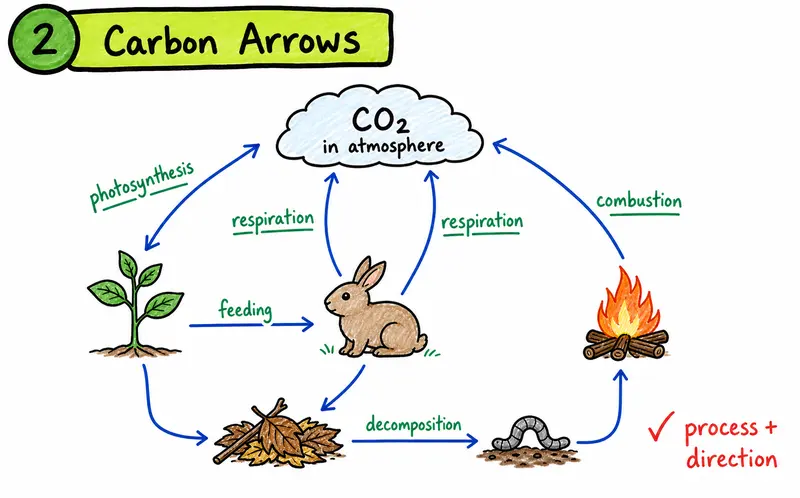 IB Biology carbon cycle process arrows and carbon movement