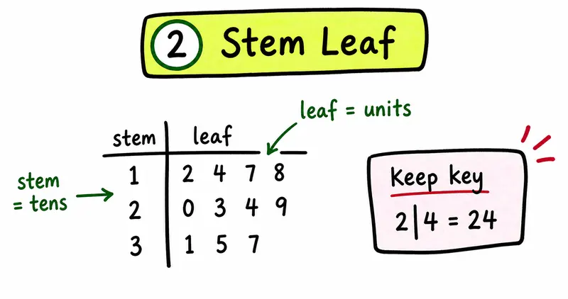 CAIE AS Maths Statistics 1 hand-drawn stem and leaf diagram key guide