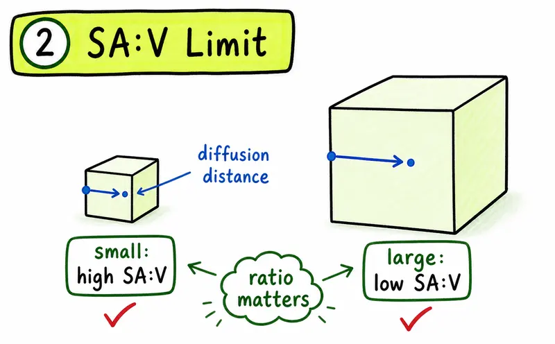 IB Biology SL hand-drawn surface area to volume ratio cell size guide