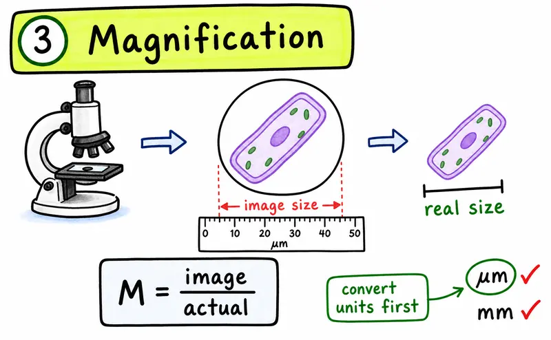 IB Biology SL hand-drawn microscopy magnification calculation guide