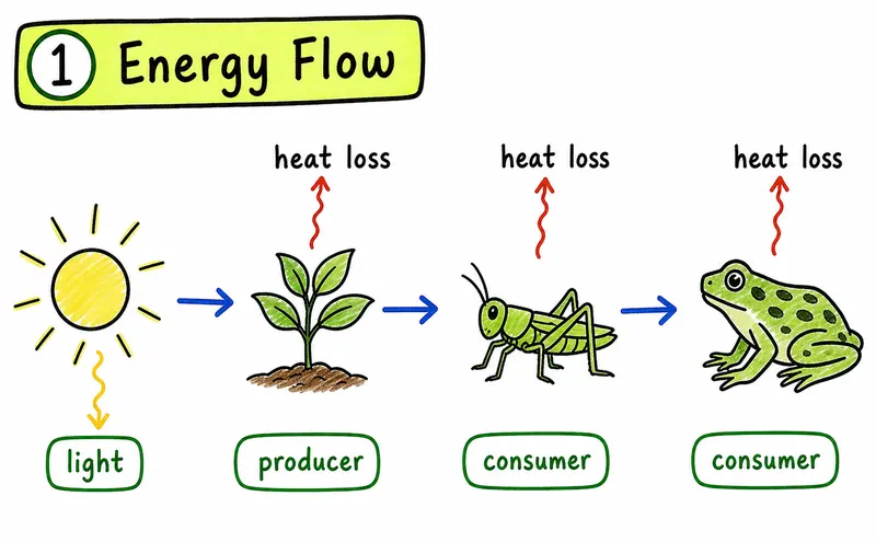 IB Biology SL ecology hand-drawn energy flow heat loss guide