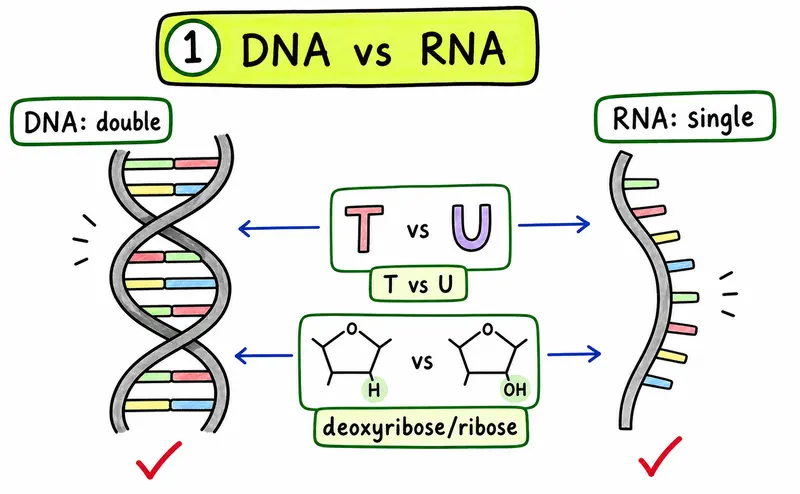 IB Biology SL nucleic acids hand-drawn DNA RNA comparison guide