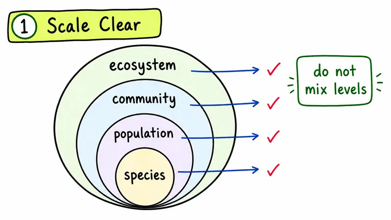 Hand-drawn IB Biology ecosystem levels diagram showing species, population, community, and ecosystem.