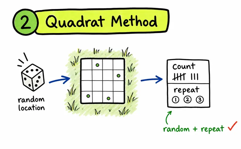 Hand-drawn IB Biology quadrat sampling diagram showing random placement, counting, and repeating.