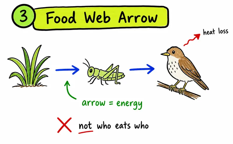 Hand-drawn IB Biology food web arrow diagram explaining that arrows show energy transfer.
