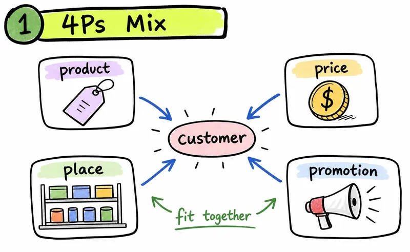 Hand-drawn IB Business marketing mix diagram showing product, price, place, and promotion linked to the customer.