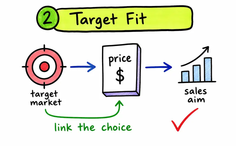 Hand-drawn IB Business marketing diagram linking target market to a 4P choice and sales aim.