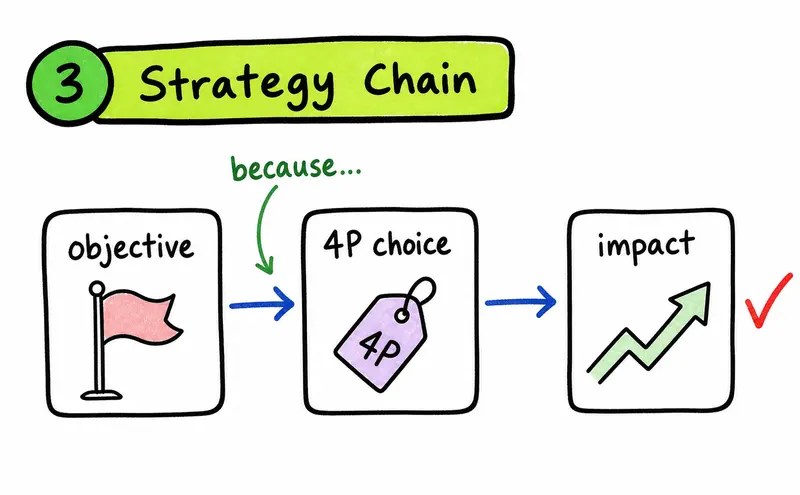 Hand-drawn IB Business strategy answer chain showing objective, 4P choice, and impact.