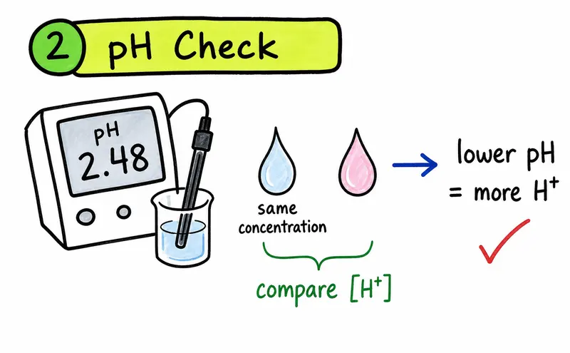 Hand-drawn IB Chemistry pH check diagram linking lower pH with higher hydrogen ion concentration.