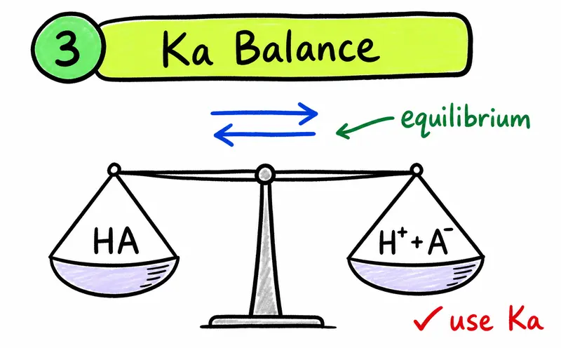 Hand-drawn IB Chemistry weak acid equilibrium diagram showing HA in balance with H plus and A minus.