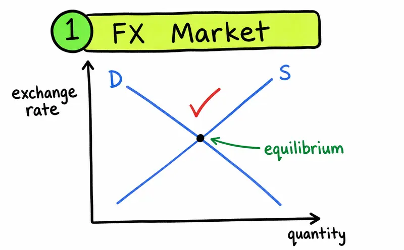 Hand-drawn IB Economics exchange rate diagram showing demand and supply meeting at equilibrium.