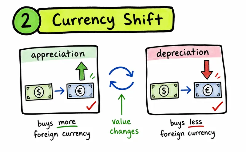 Hand-drawn IB Economics diagram comparing appreciation and depreciation of a currency.