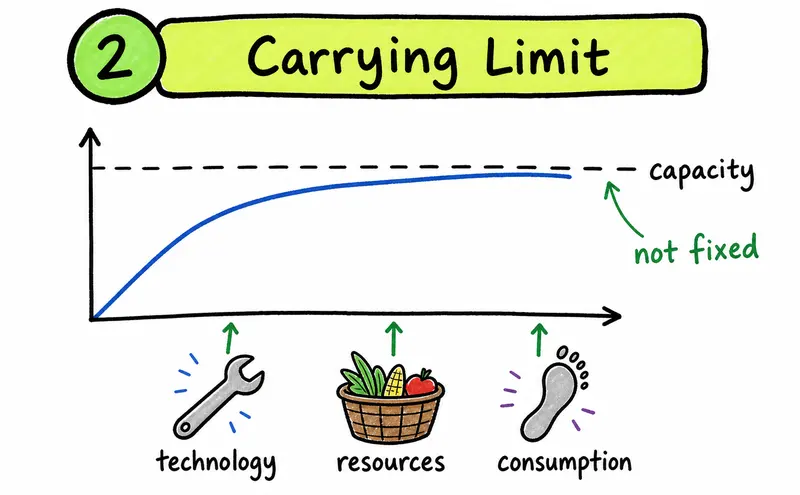 Hand-drawn IB ESS carrying capacity diagram showing how technology, resources, and consumption affect the limit.
