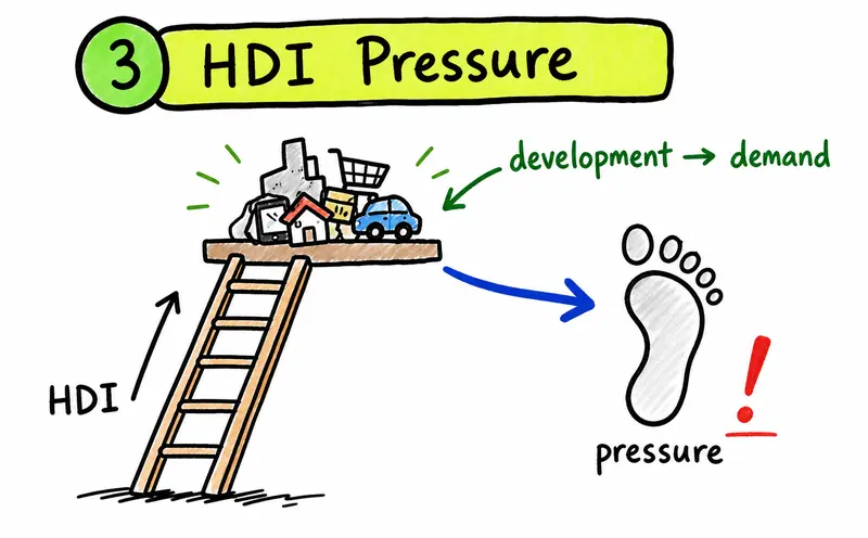 Hand-drawn IB ESS diagram linking higher HDI and development to resource demand and environmental pressure.