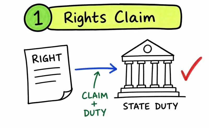 Hand-drawn IB Global Politics human rights diagram showing a right linked to state duty.