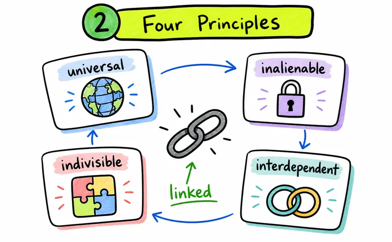 Hand-drawn IB Global Politics diagram showing four linked human rights principles.