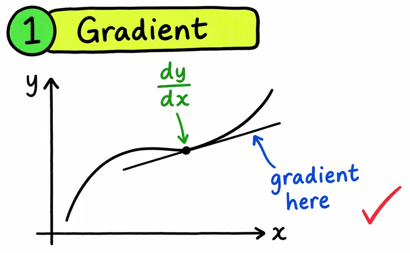 Hand-drawn IB Maths AA calculus diagram showing the derivative as the gradient of a tangent.