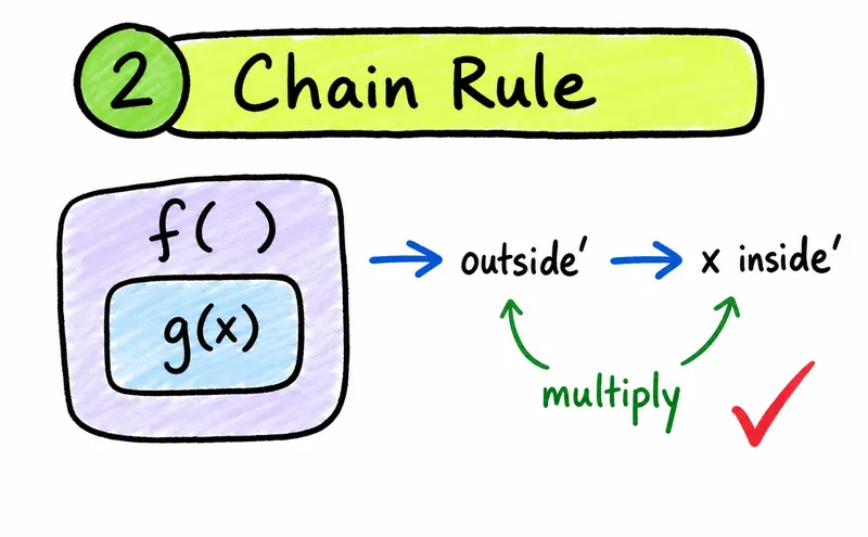 Hand-drawn IB Maths AA chain rule diagram showing outside derivative multiplied by inside derivative.