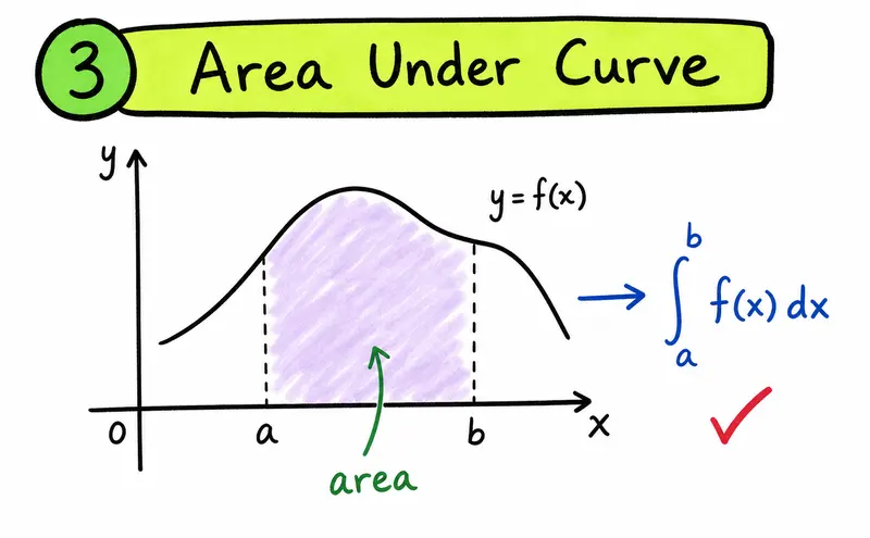 Hand-drawn IB Maths AA definite integration diagram showing shaded area under a curve from a to b.