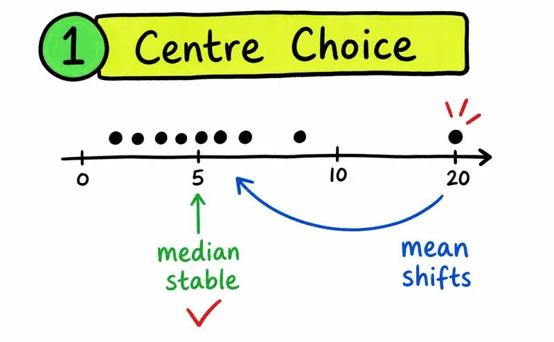 Hand-drawn IB Maths AI statistics dot plot showing how an outlier affects the mean more than the median.