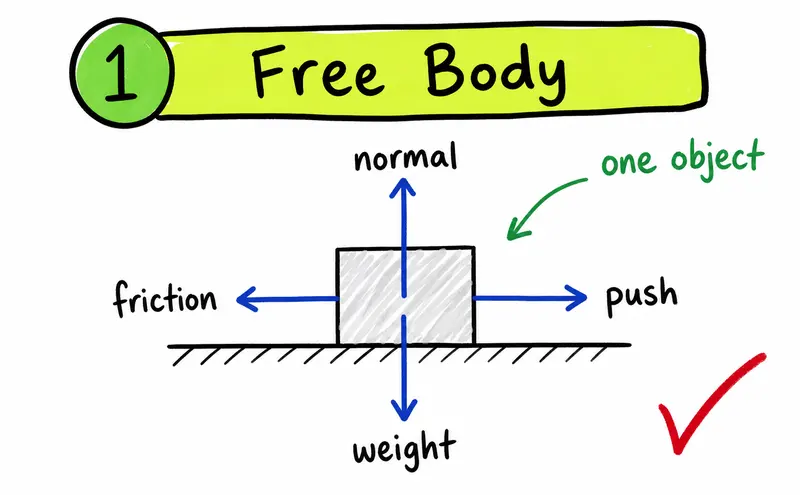 Hand-drawn IB Physics free-body diagram showing forces on one block.