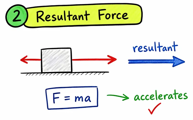 Hand-drawn IB Physics diagram showing unbalanced forces producing a resultant force and acceleration.