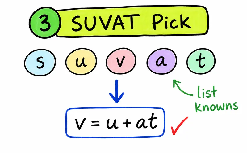 Hand-drawn IB Physics motion equation diagram showing SUVAT variables and choosing an equation.