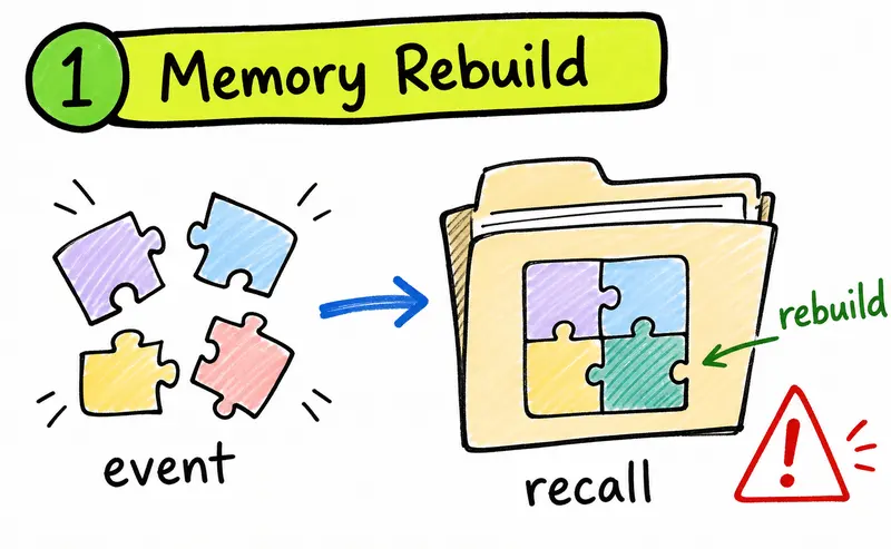 Hand-drawn IB Psychology reconstructive memory diagram showing recall as rebuilding an event from pieces.