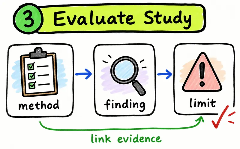 Hand-drawn IB Psychology evaluation diagram linking study method, finding, and limitation.
