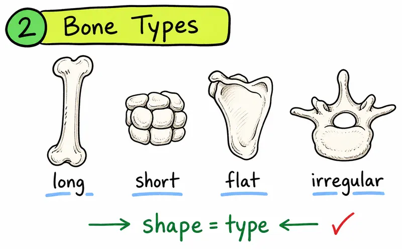Hand-drawn IB SEHS diagram showing long, short, flat, and irregular bone types.