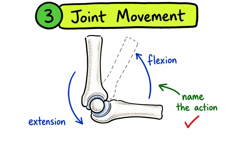 Hand-drawn IB SEHS joint movement diagram showing flexion and extension at a hinge joint.
