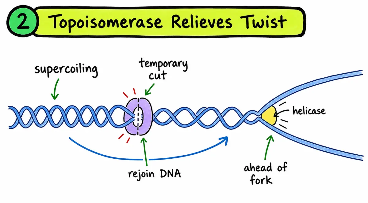 IB Biology topoisomerase relieving DNA supercoiling ahead of replication fork