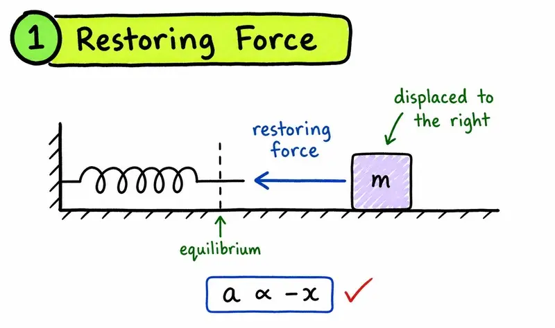 IB Physics simple harmonic motion restoring force toward equilibrium diagram