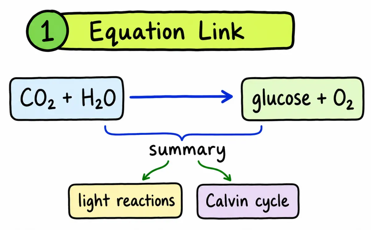 IB Biology photosynthesis equation to process diagram