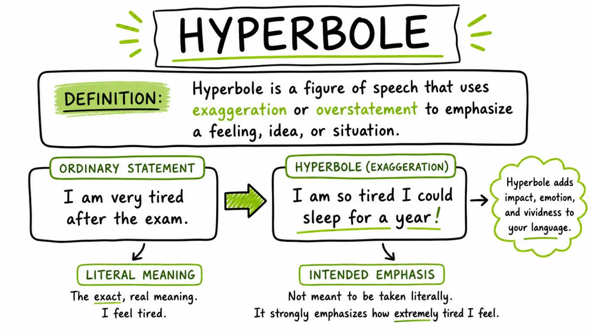 Hyperbole definition, literal meaning and exaggeration example