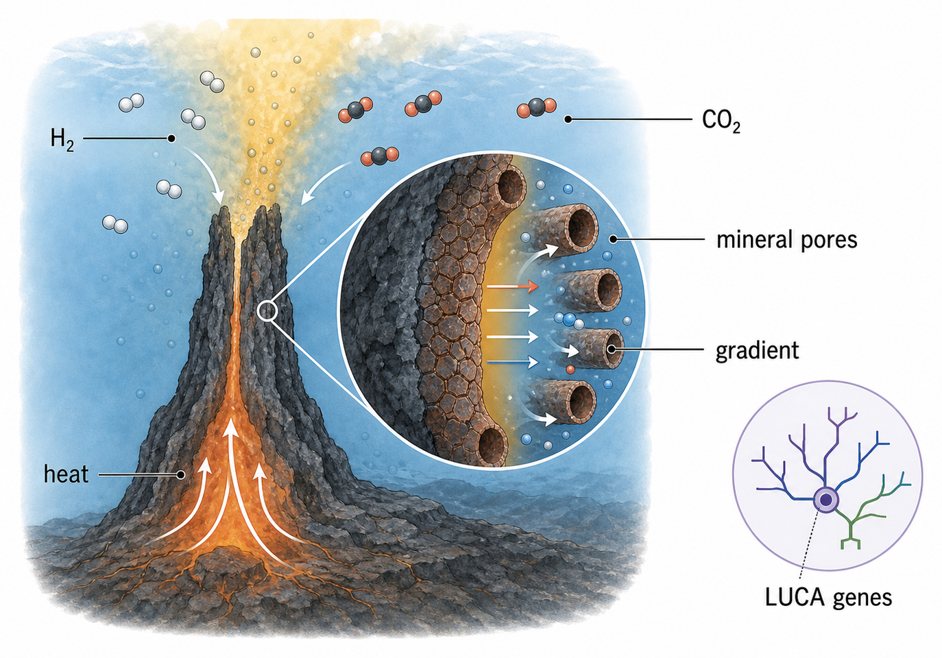 A hydrothermal vent supplying hydrogen, carbon dioxide, iron, heat and chemical gradients, alongside ancient haematite tubes and inferred LUCA genes.